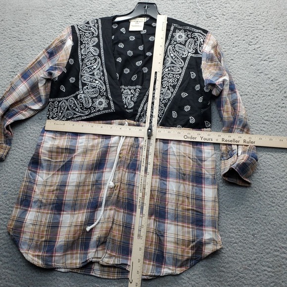 Tricia Fix Blouse Womens S Multi Plaid Paisley Upcycled Mixed Media Drawstring - Picture 3 of 6